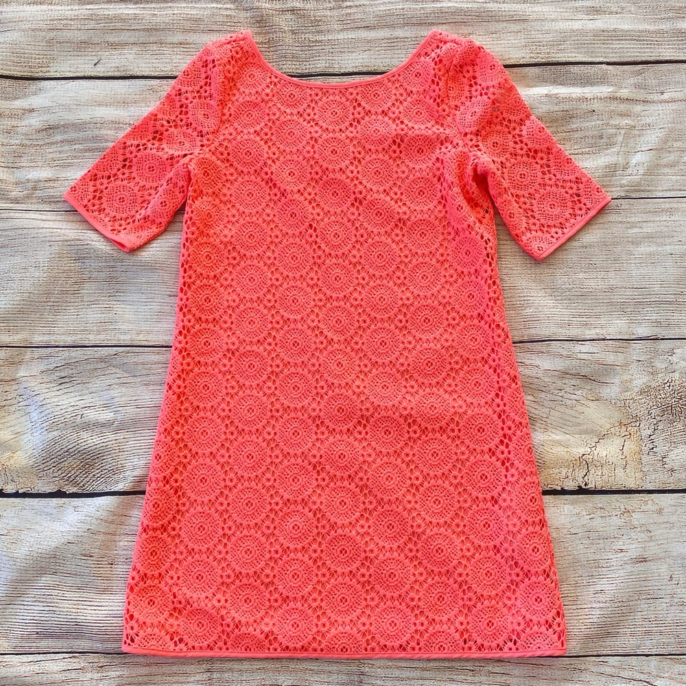Lilly Pulitzer Neon Coral Pink Crochet Knit Dress Girl’s Sz L 8 10